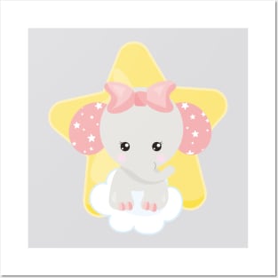 Elephant On A Cloud, Cute Elephant, Stars, Ribbon Posters and Art